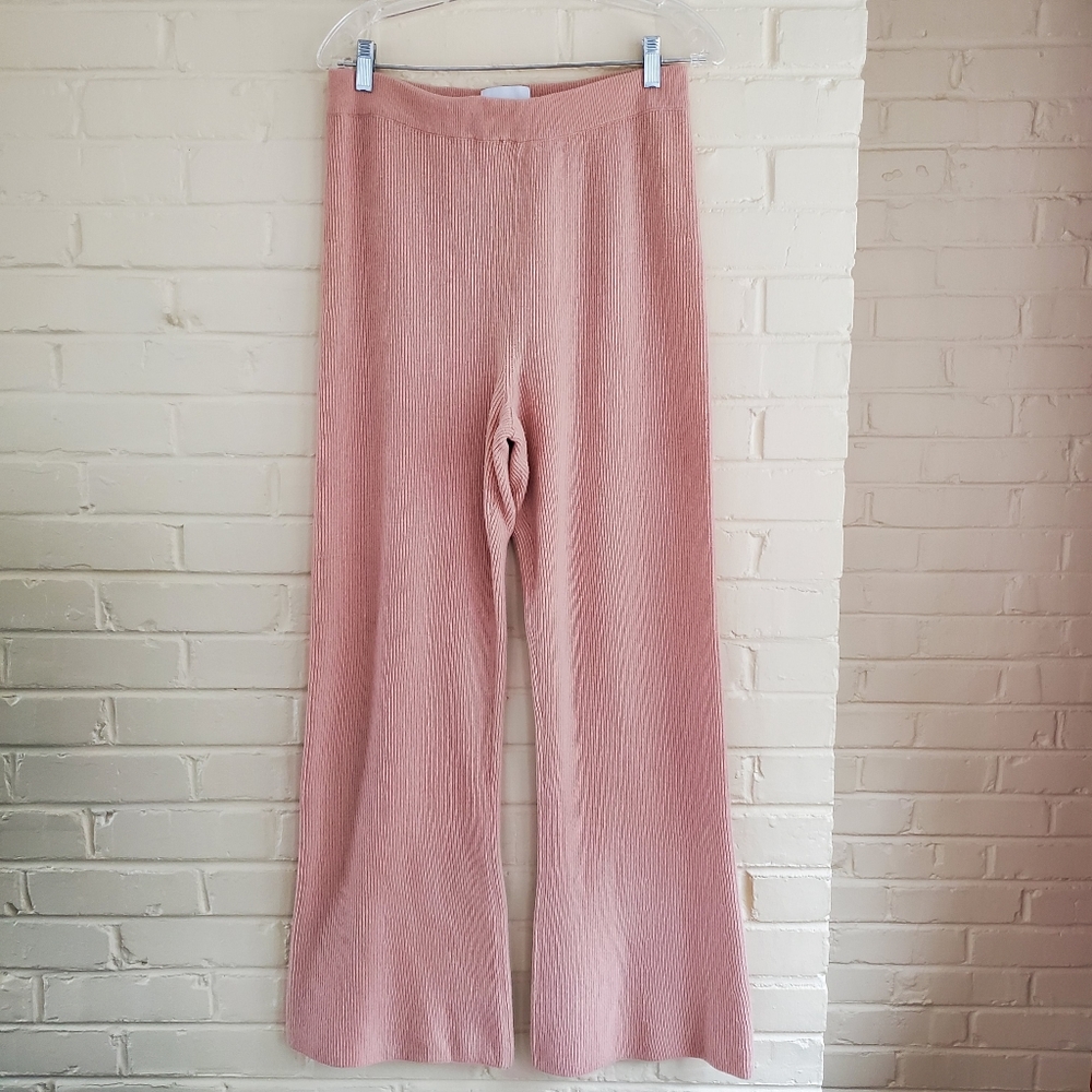Nanushka Ribbed Pink Cashmere Merino Wool Blend Wide Leg Pants Size Large